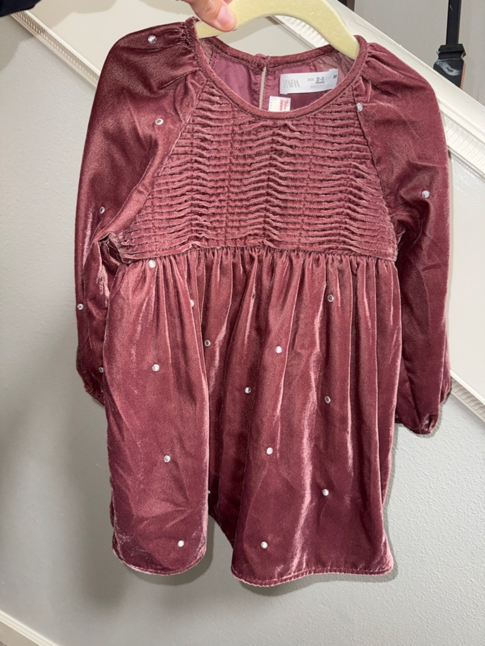 Zara Girls Velvet Dress in Dusty Rose with Silver Dots